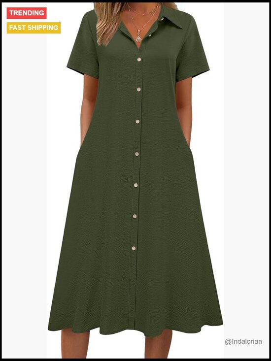 Dresses & Skirts - Button Down Shirt Dress A-Line Midi with Pockets Short Sleeve Summer Cover Up